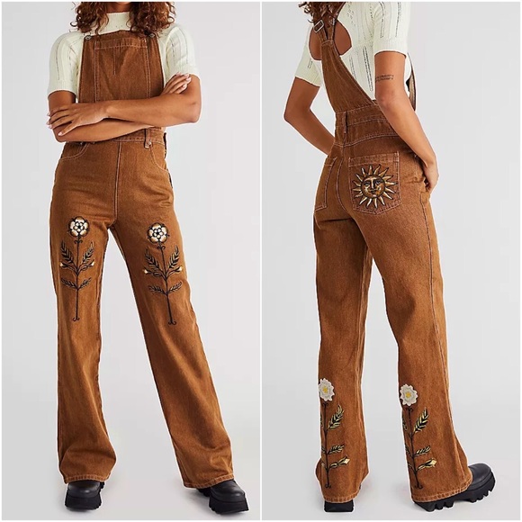 Free People Tudor Dungarees Vintage Floral Sun Brown Festival Denim Overalls - Picture 7 of 8